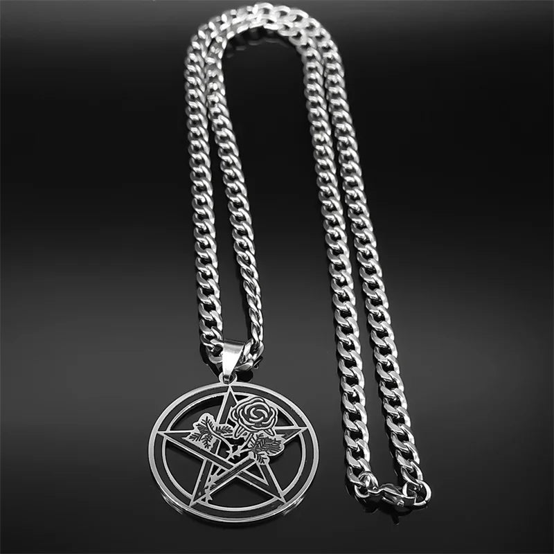 Black Rose Pentagram Pendant — Silver