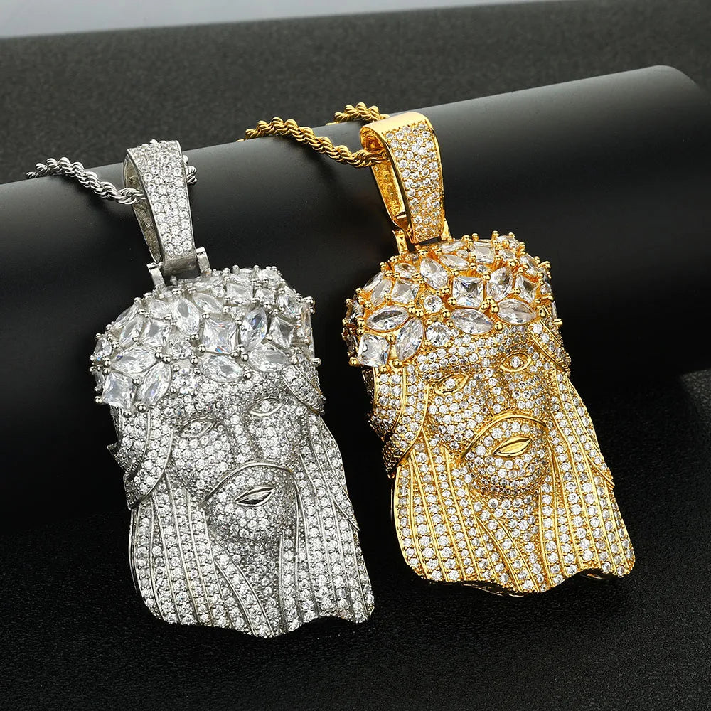Gold Jesus Face Pendant Necklace Iced Out 18K