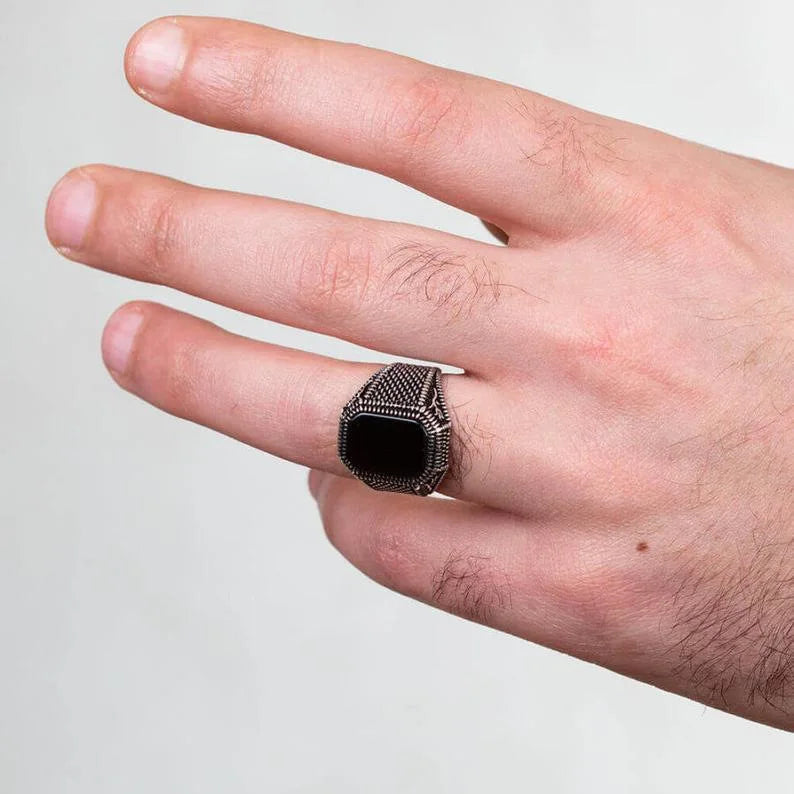 Vintage Handmade Square Onyx Stone Silver Plated Ring Men and Women Turkish Signet Big Ring Punk Jewelry Factory