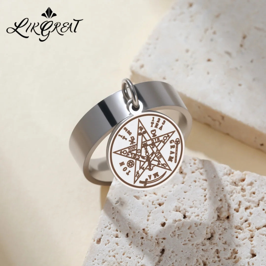 Tetragrammaton Solomon 21 Pentagram Ring Stainless Steel Vintage Kabbalah Witchcraft Wiccan Gift For Men Women