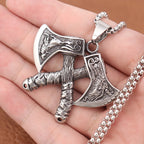 Stainless Steel Viking Double Axe Necklace Men's Vintage Nordic Wolf Axe Pendant Chain Scandinavian Party Jewelry Accessories