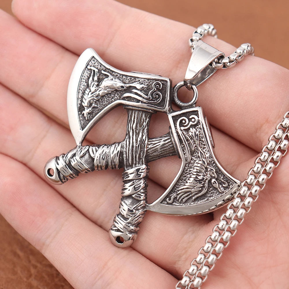 Stainless Steel Viking Double Axe Necklace Men's Vintage Nordic Wolf Axe Pendant Chain Scandinavian Party Jewelry Accessories