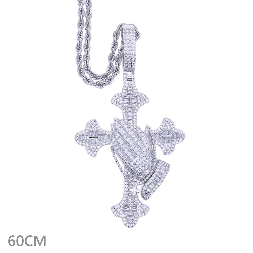 2025 New Iced Out Cross Pendant Necklace for Men Women Bling Silver Color Cubic Zirconia Cross Cuban Chain Hip Hop