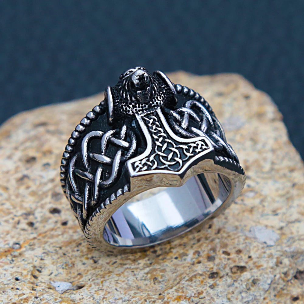 Viking Thor Hammer Bear Head Ring — Stainless Steel