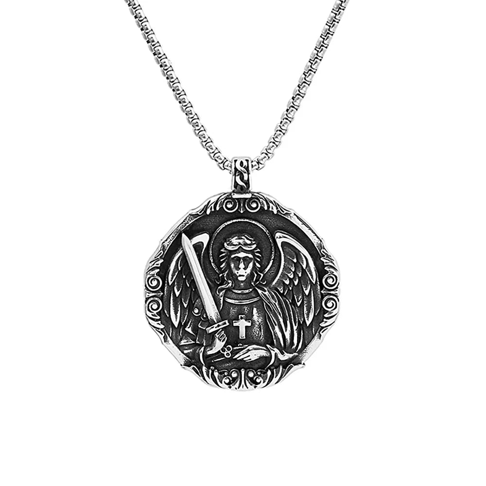 New Vintage Saint Michael Angel Pendant Necklaces Stainless Steel  Punk Motorcycle Amulet Angel Necklace For Men Fashion Jewelry