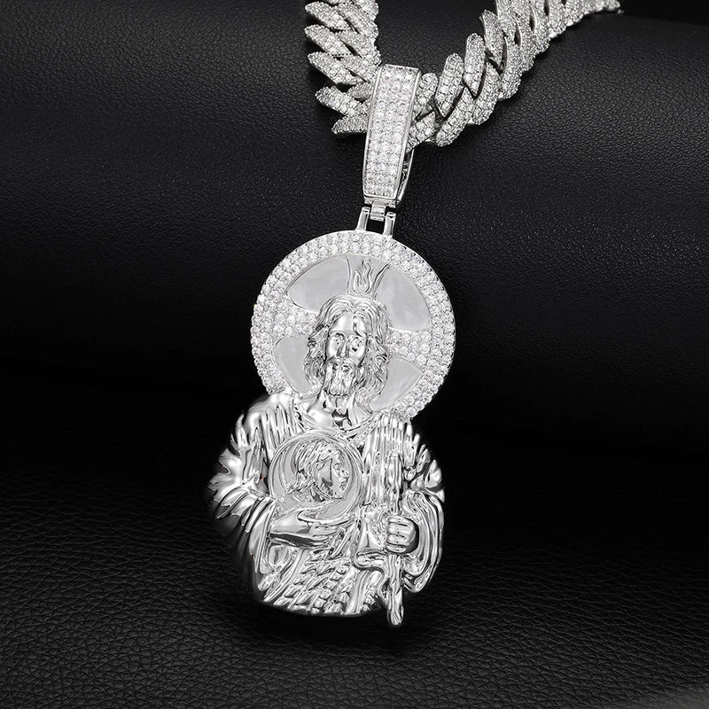 Iced Out Cross Jesus Piece Pendant Necklace — Copper Alloy