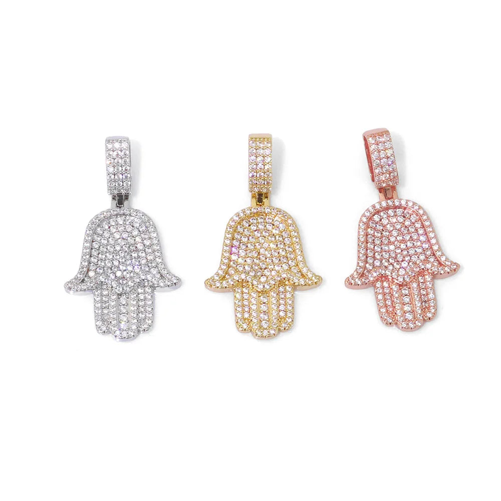 Two-Tone Iced Out Hamsa Pendant Necklace