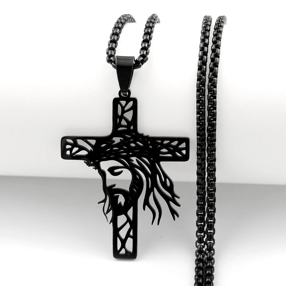 Hollow Crown of Thorns Jesus Cross Pendant Necklace for Women Men Stainless Steel Gold Plated Crucifix Chain Faith Jewelry Gift