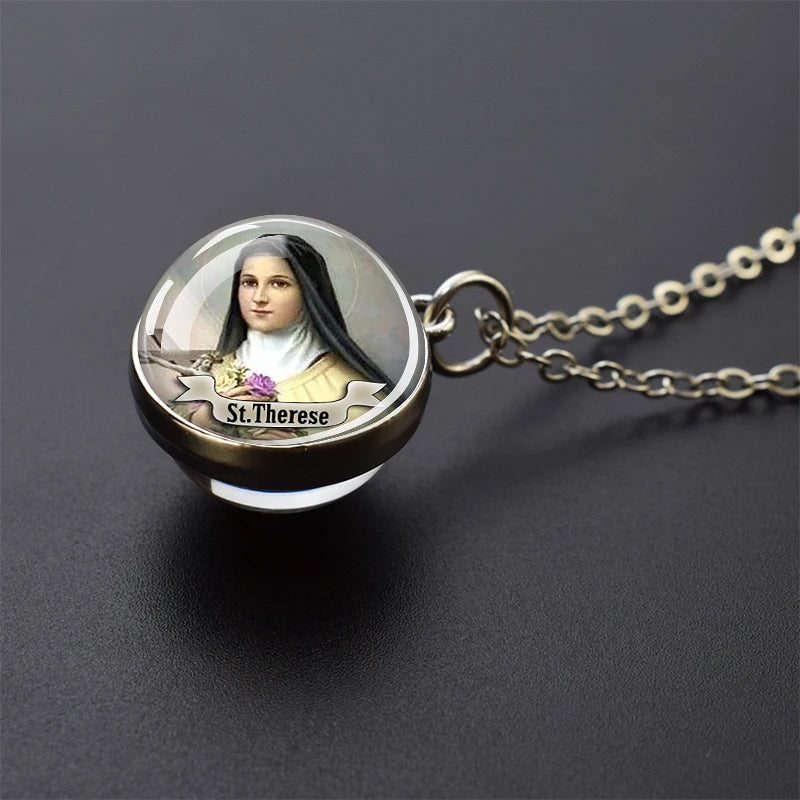Jesus and Virgin Mary Necklace Saint Michael Jude Anthony Patrick Paul Glass Ball Pendant Religious Jewelry Christian Gift