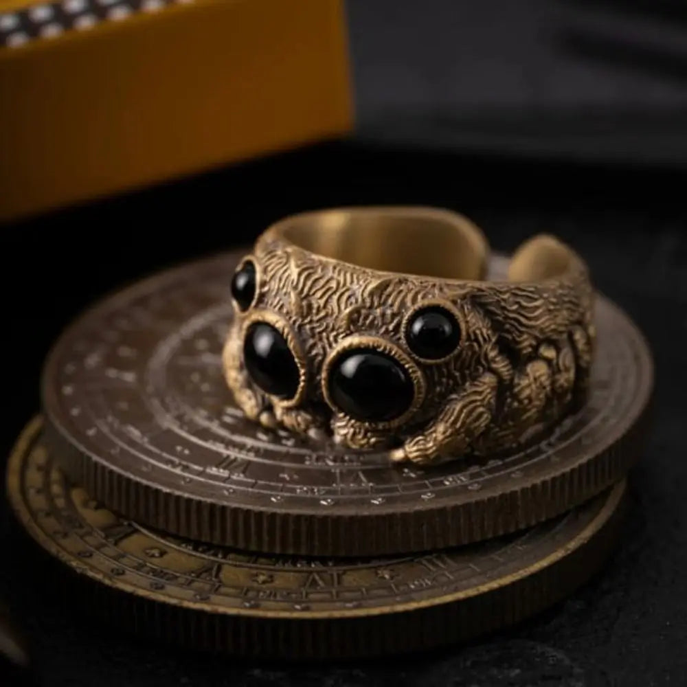 Black Agate Jumping Spider Ring Personalized Electroplated Copper Animal Open Rings Adjustable Opening Fashion