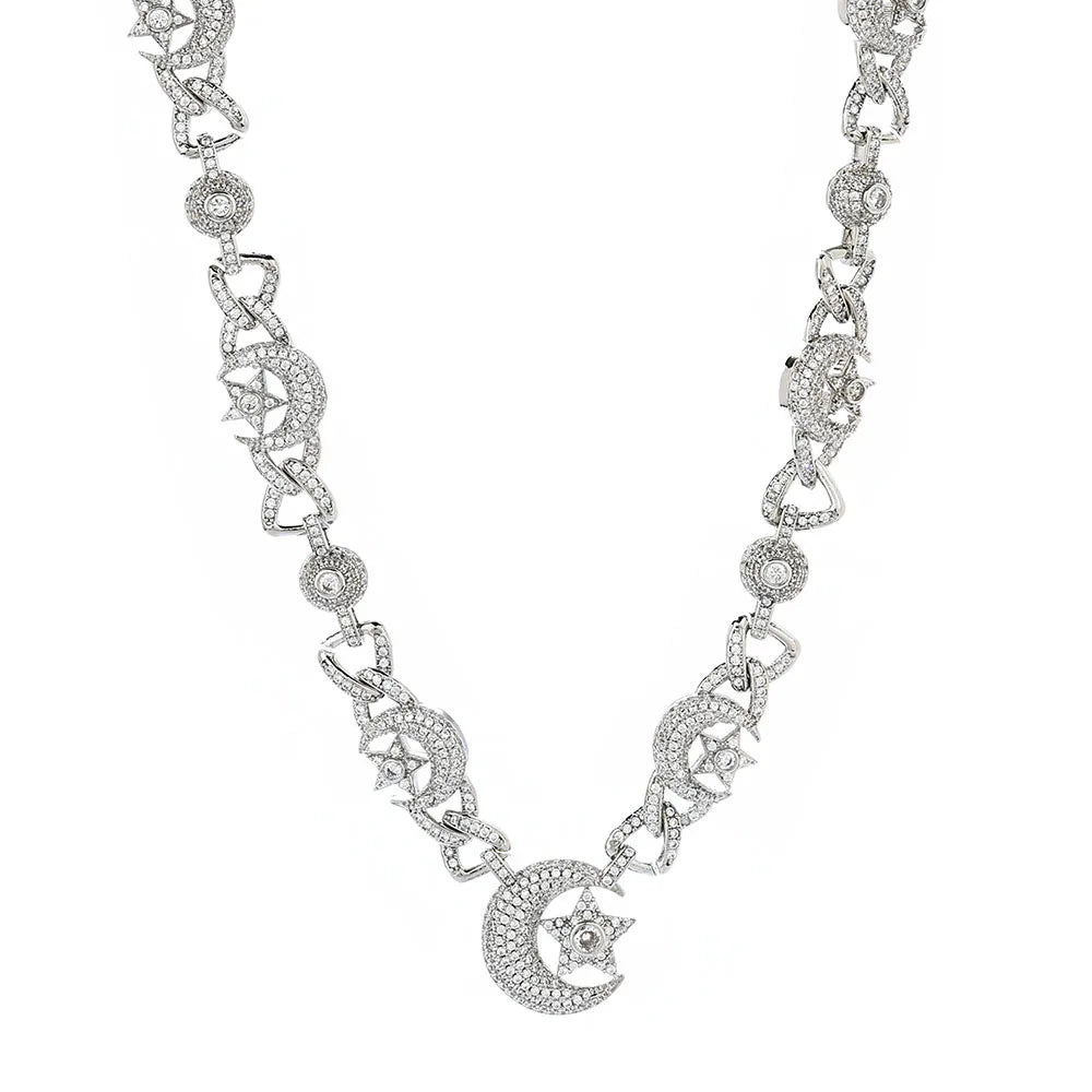 Iced Out Star Cuban Chain Necklace Moon CZ