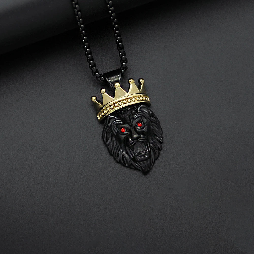 hip hop Lion crown Pendant Necklace For Men Gold color 316L Stainless Steel Jewelry