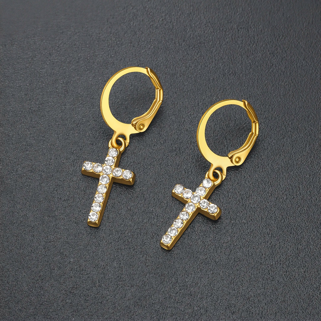 Iced Out CZ Cross Dangle Hoop Earrings — Stainless Steel