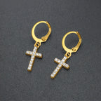 Iced Out CZ Cross Dangle Hoop Earrings — Stainless Steel