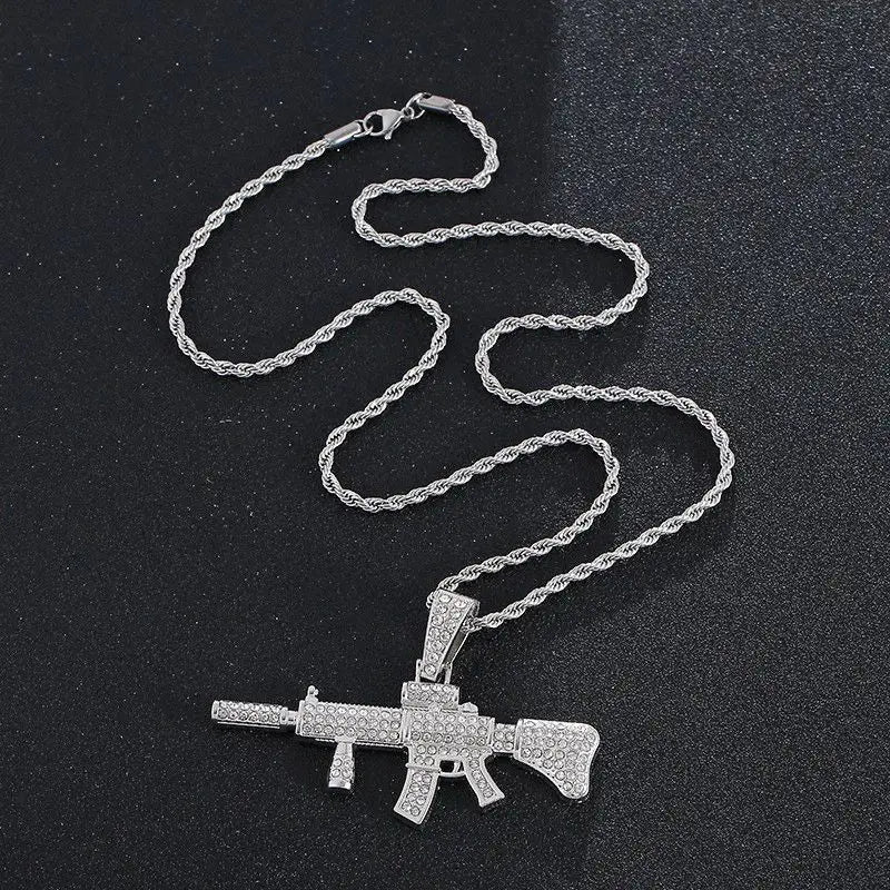 ICED OUT M416 Rifle Pendant Necklace, Hip Hop Military Jewelry, Zircon Gun Charm on Stainless Steel Rope Chain, Men's