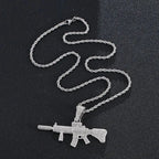 ICED OUT M416 Rifle Pendant Necklace, Hip Hop Military Jewelry, Zircon Gun Charm on Stainless Steel Rope Chain, Men's