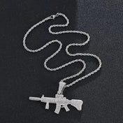 ICED OUT M416 Rifle Pendant Necklace, Hip Hop Military Jewelry, Zircon Gun Charm on Stainless Steel Rope Chain, Men's
