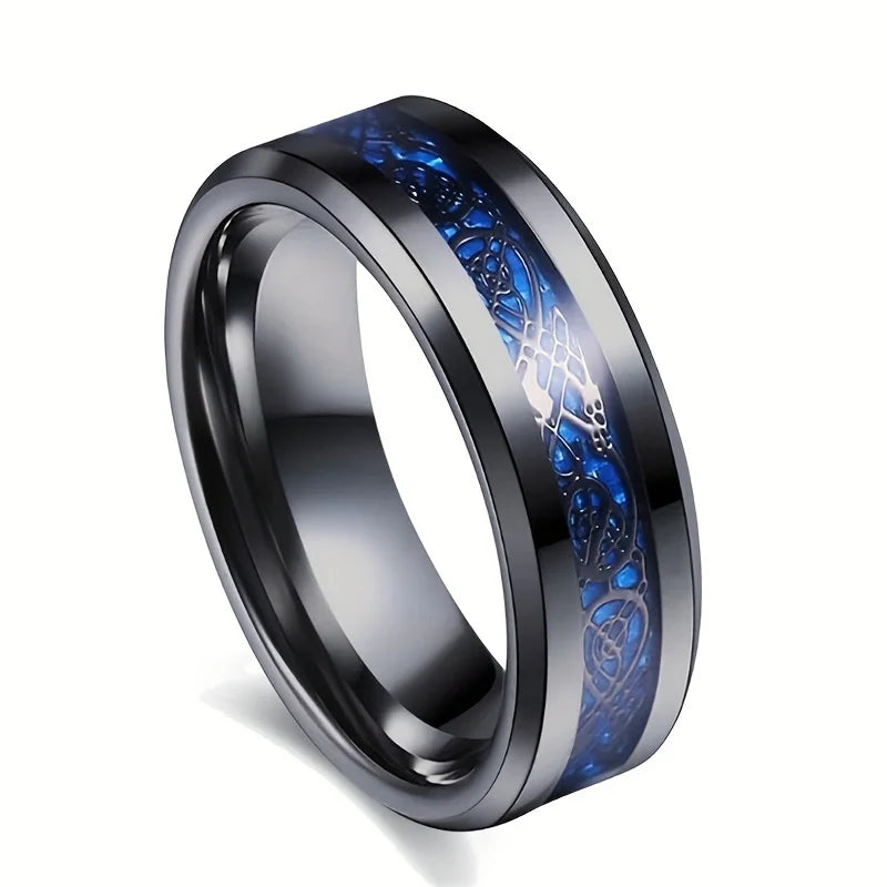 Fashion Men's Stainless Steel Rings 8mm Classical Black Blue Groove Beveled Edge Wedding Engagement Anniversary Jewelry