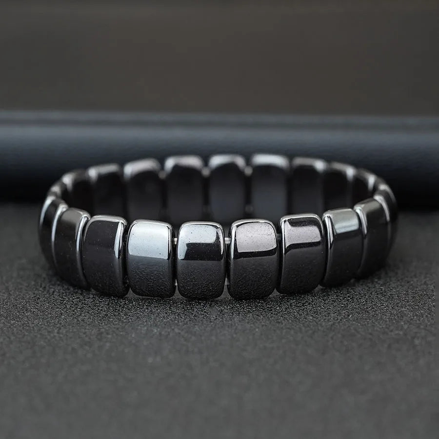 Geometric Hematite Bracelet for Men Biker Jewelry Grey Metal Energy Stone Therapy Punk Style Bangle for Him