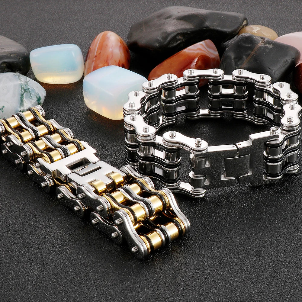 Stainless Steel Rock And Roll Rap Jewelry 24MM Width Motorcycle Chain Man Bracelet Hand Chain Accessories Wristband