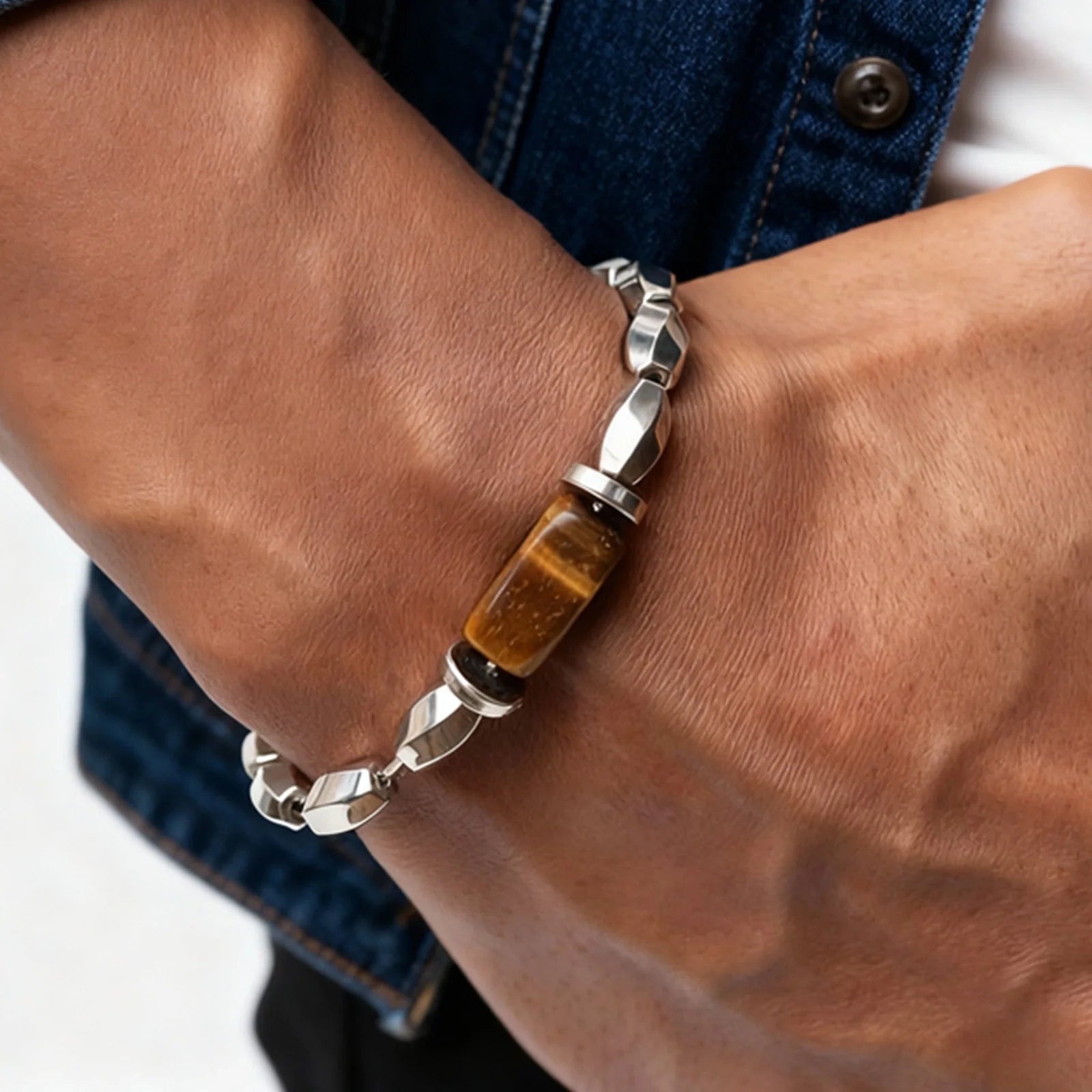 Silver Tiger Eye Stone Beaded Bracelet