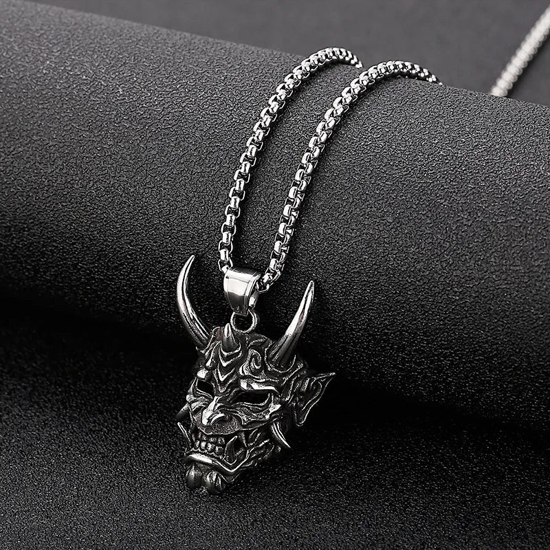 Japanese Hannya Mask Horn Men Necklaces Pendants Stainless Steel Chain Punk for Boyfriend Male Jewelry Creativity Gift Wholesale