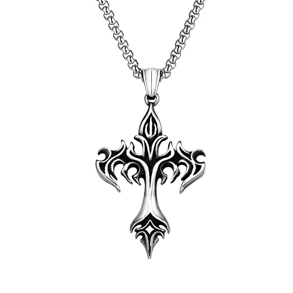 Vintage 316L Stainless Steel Flame Cross Pendant Necklace Hip Hop Fashion Casting Men Necklaces Party Jewelry Gifts Dropshipping