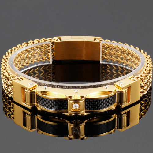 Classical Men Bracelet 12MM Width Black Gold Color Stainless Steel Men's Chain Bracelets With CZ Magnet Clasp 3 Size