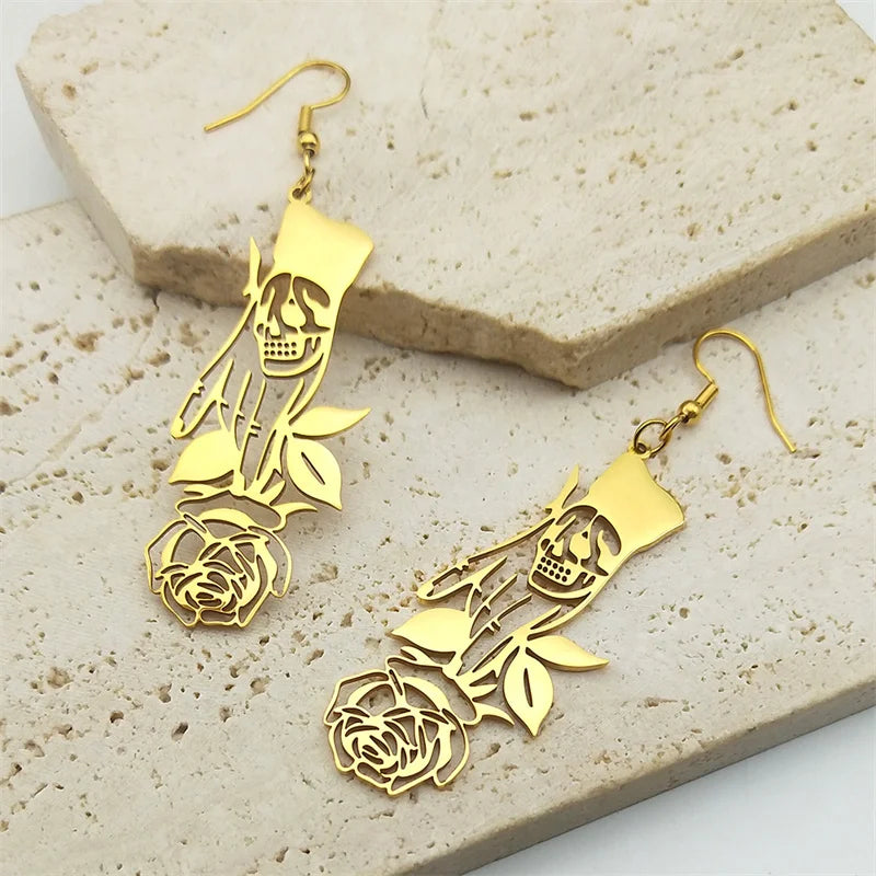 Gothic Skull Gold Earrings Vintage Rose Flower