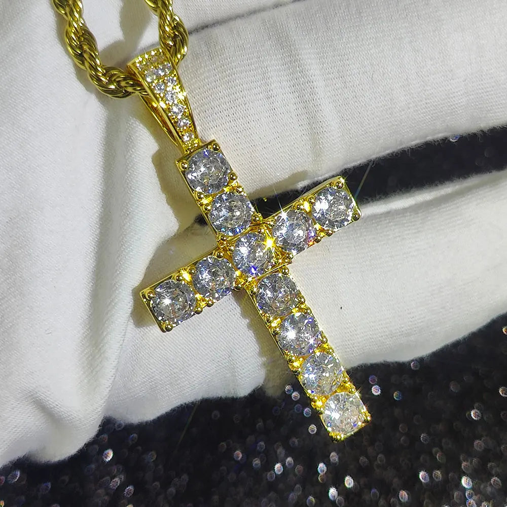 Iced Out Cross Pendant Necklace Stainless Steel CZ