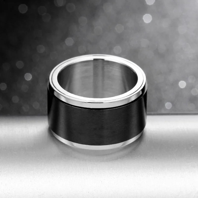 Black Silver Spinner Ring Stainless Steel Anti-Stress