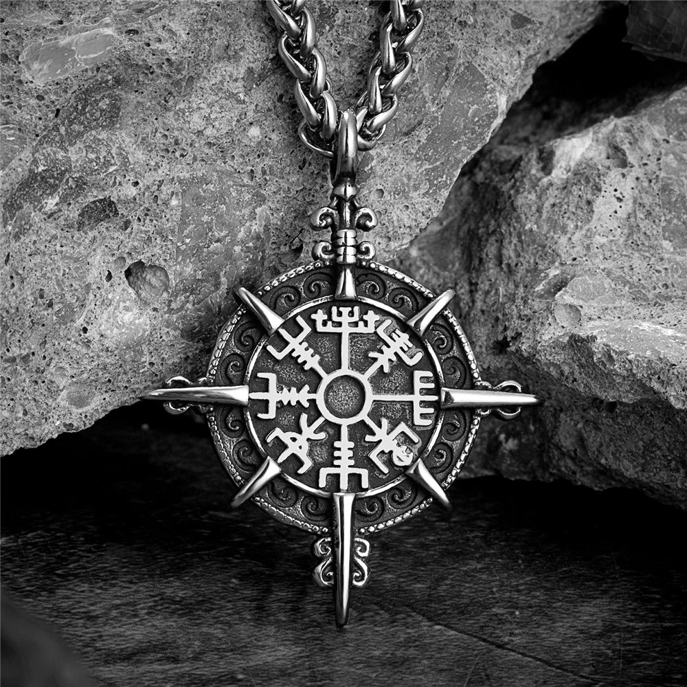 Mens Viking Compass Necklaces Stainless Steel Double-sided Norse Runes Trident Pendant With Genuine Leather Chain