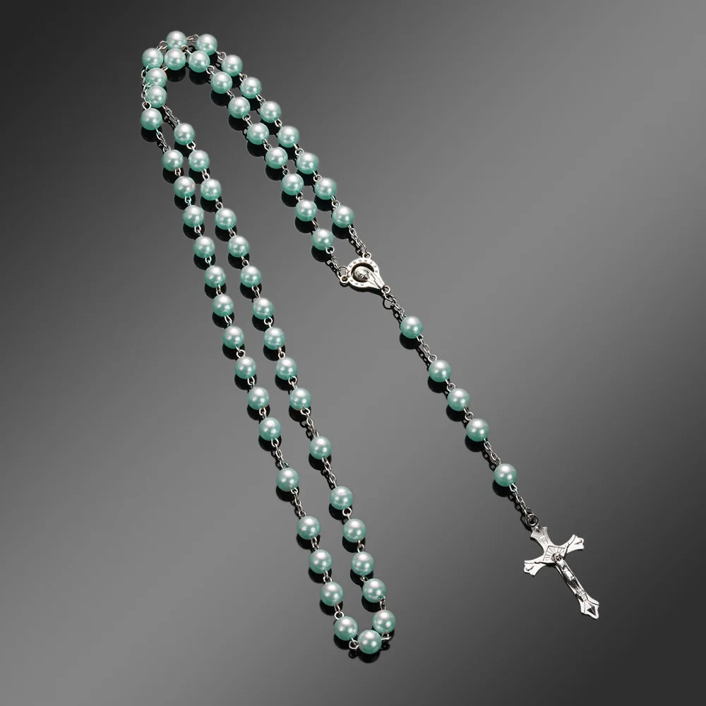 Vintage Catholic Rosary Necklace — Glass Bead Crucifix Cross