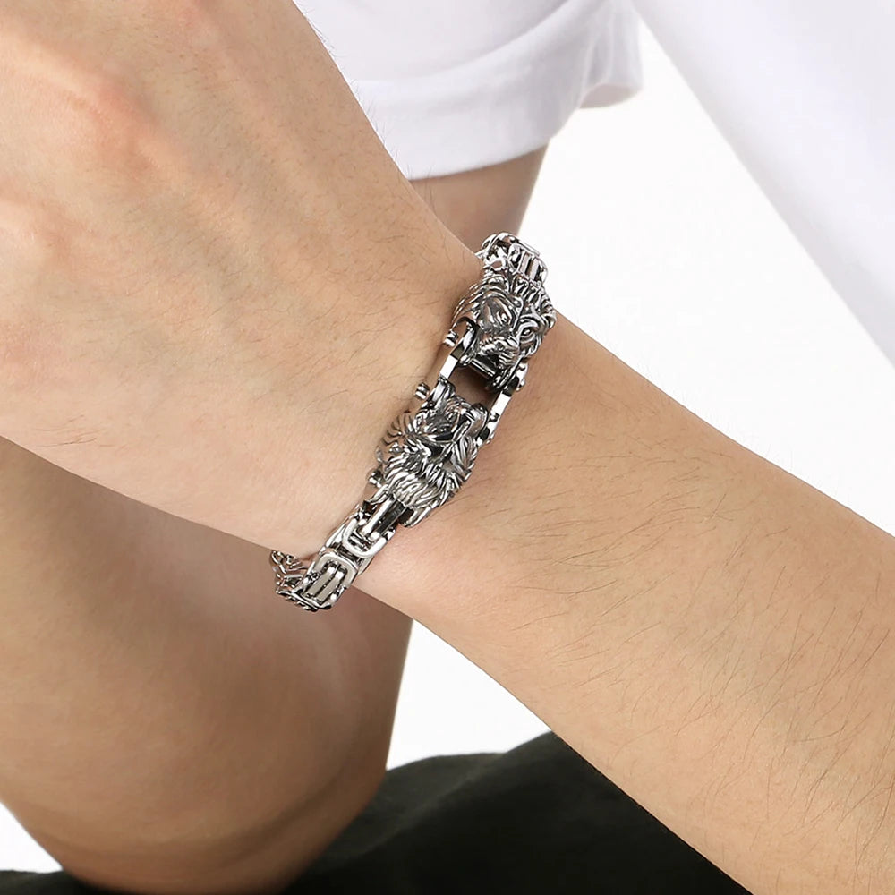 Cool 7MM Wide Men's Lion Head Link Chain Bracelet Vintage Blackened 316l Stainless Steel Bracelets Gothic Biker Jewelry