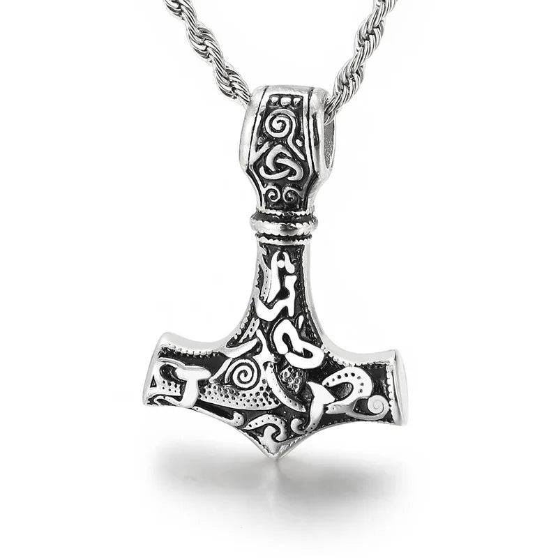 Stainless Steel Viking Axe Pendant Necklace for Men Vintage Norse Double Axe Wolf Head Amulet Necklaces Punk Gothic