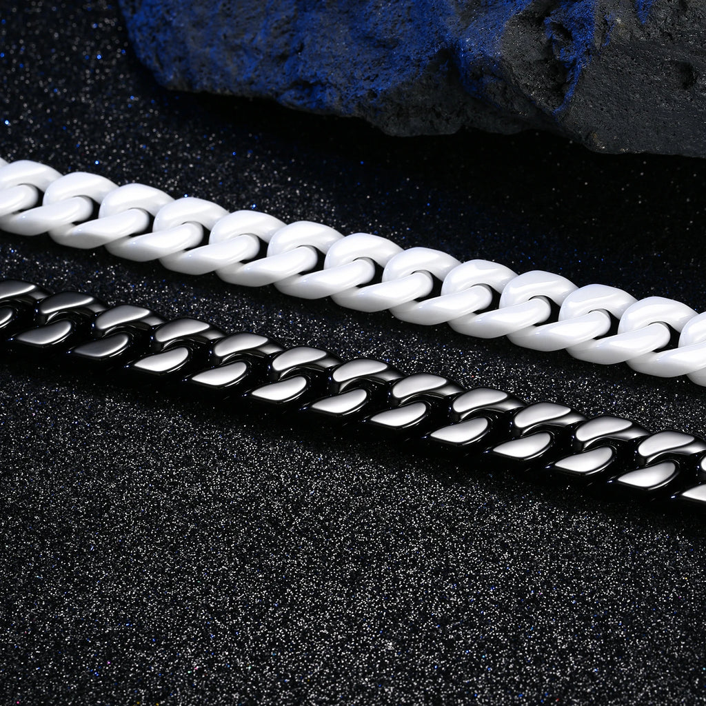 Men's Cuban Link Ceramic Bracelet Hypoallergenic, Black White Chain for Men, Masculine Jewelry Gift