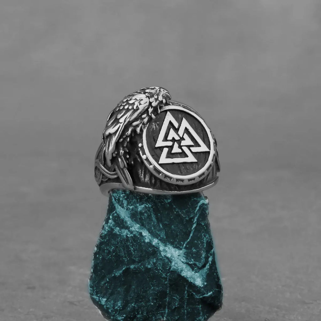 Stainless Steel Viking Valknut Ring Men's Crow Rune Amulet Punk Hip Hop Fashion Handmade Boutique Ring Jewelry Gift