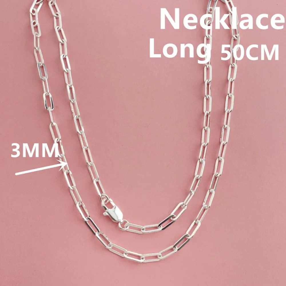 45-60cm 925 Sterling Silver 3mm Wide Paper Clip Necklace for Boys Girls Women Fine Jewelry Wedding Party