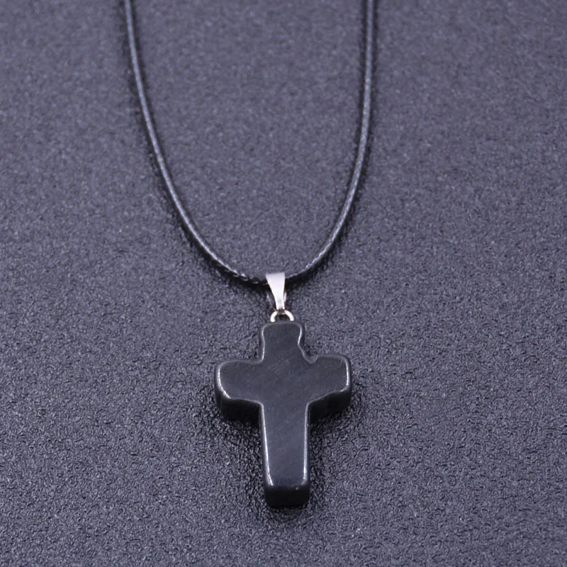 Tiny Natural Stone Turquoise Opal Cross Pendant Necklace With Stones Women Leahter Chain Choker Female Jewelry Party Girls Gift