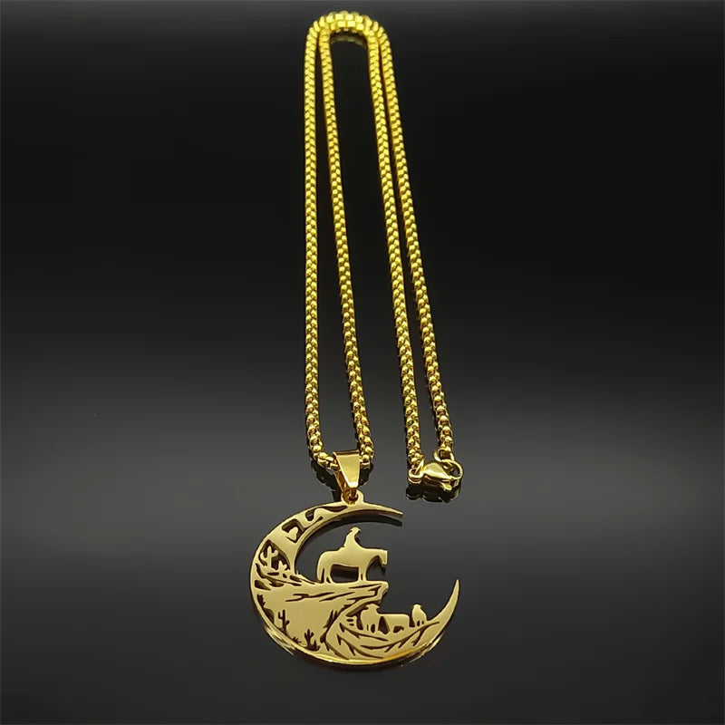 Moon Western Cowboy Animal Necklace For Women Men Stainless Steel Horse Cow Silver Color Mountain Ranch Scenery Chain Jewelry
