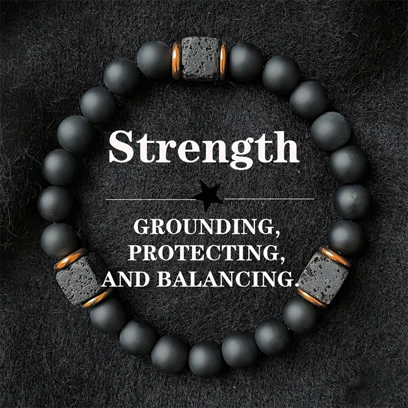 Adjustable Elastic Beaded Bracelet 8mm Round Beads — Black-Tone