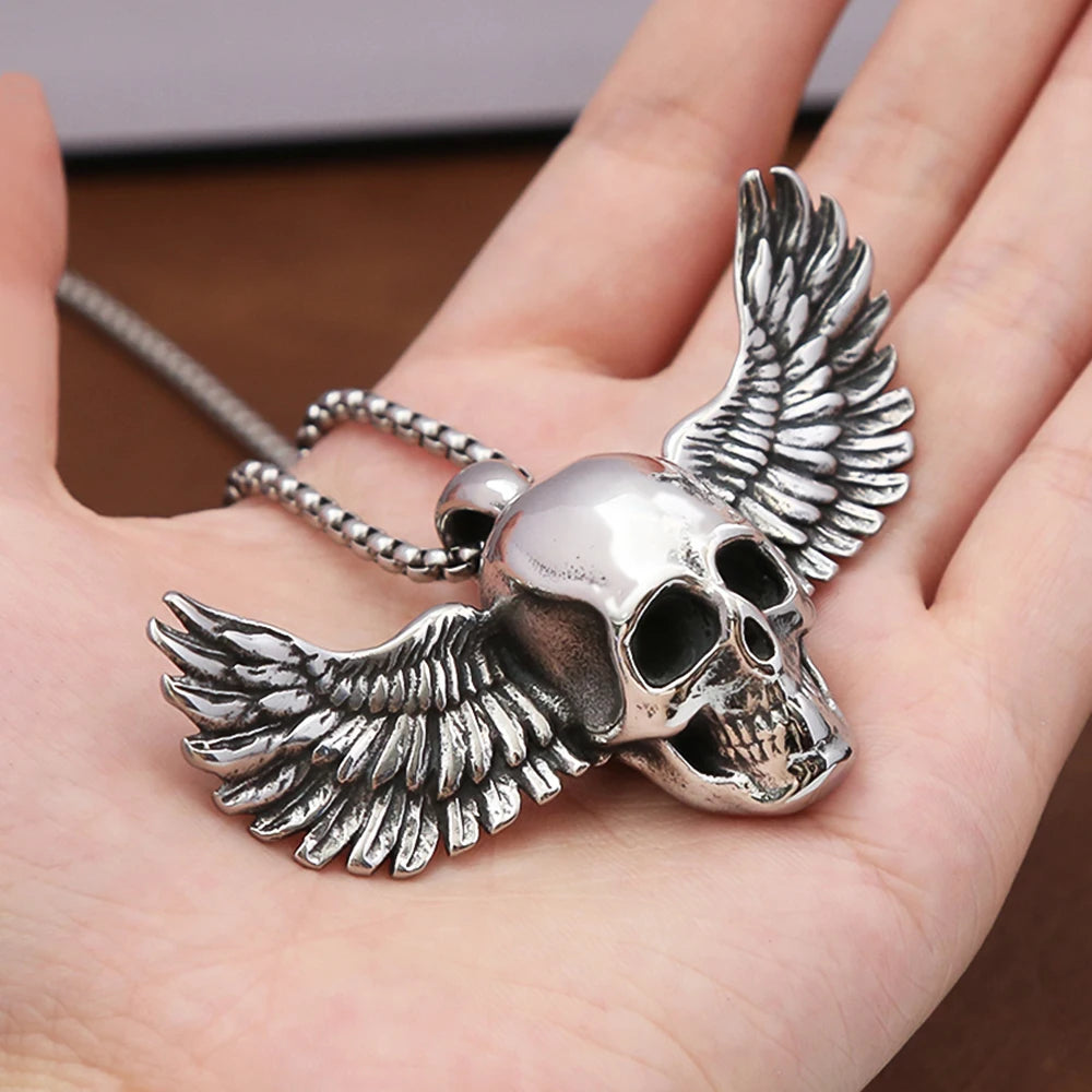 Skull Steel Pendant Big Size Fallen Angel Wings