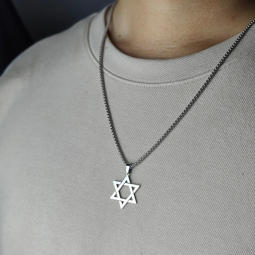 Classic Men's Star of David Pendant Necklace in Black Gold Silver Color Stainless Steel Israel Jewish Jewelry  Box Chain 24 inch