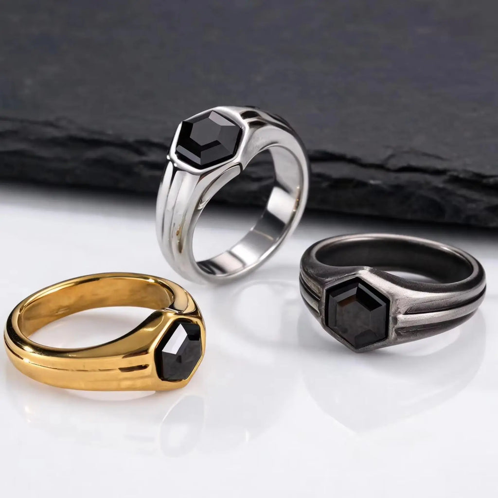 Stylish Black Stone Signet Ring for Men,Stainless Steel Geometric Zircon Band,New Punk Statement Jewelry Gift