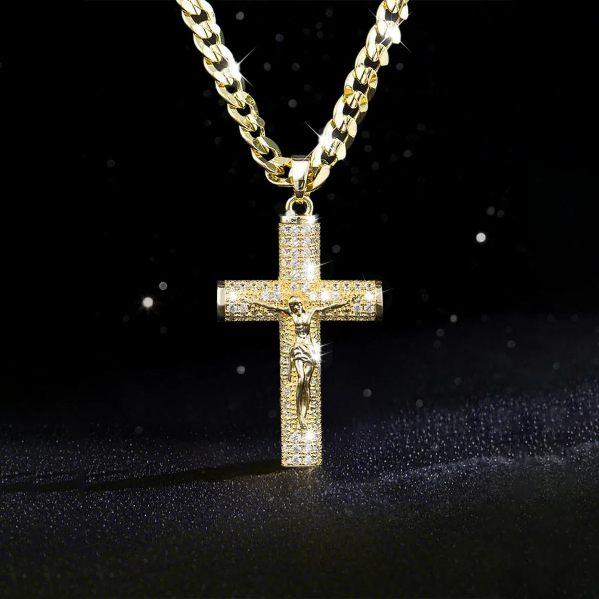 Gold-Plated Cross Necklace for Men Advanced Nanotech Tarnish-Free Cuban Figaro Rope Miami Chains with Jesus Crucifix