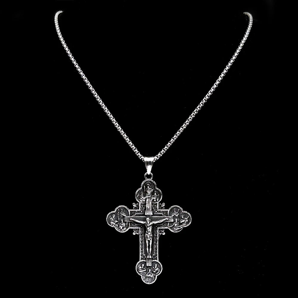 12 Apostles Jesus Crucifix Cross Christian Pendant Necklace for Women Men Stainless Steel Vintage 316L Amulet Chain