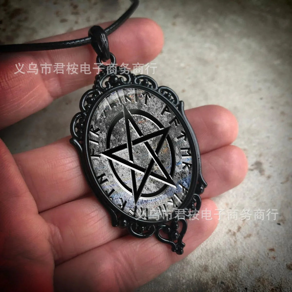 Gothic Crow Black Forest Charm Necklace Fashion Witch Jewelry Gift Pagan Cross Black Cat Skull Glass Pendant Necklace