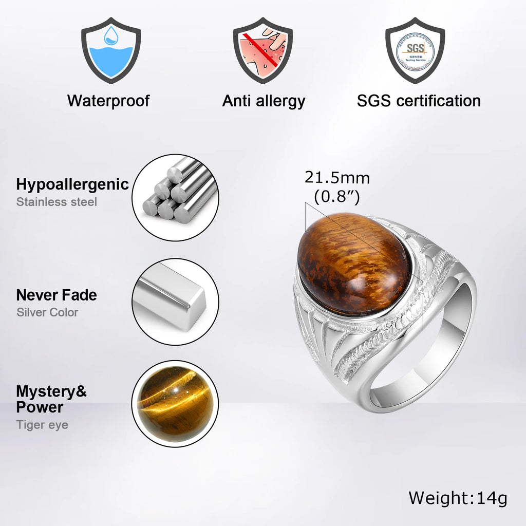 Tiger Eye Stone Oval Ring — Stainless Steel