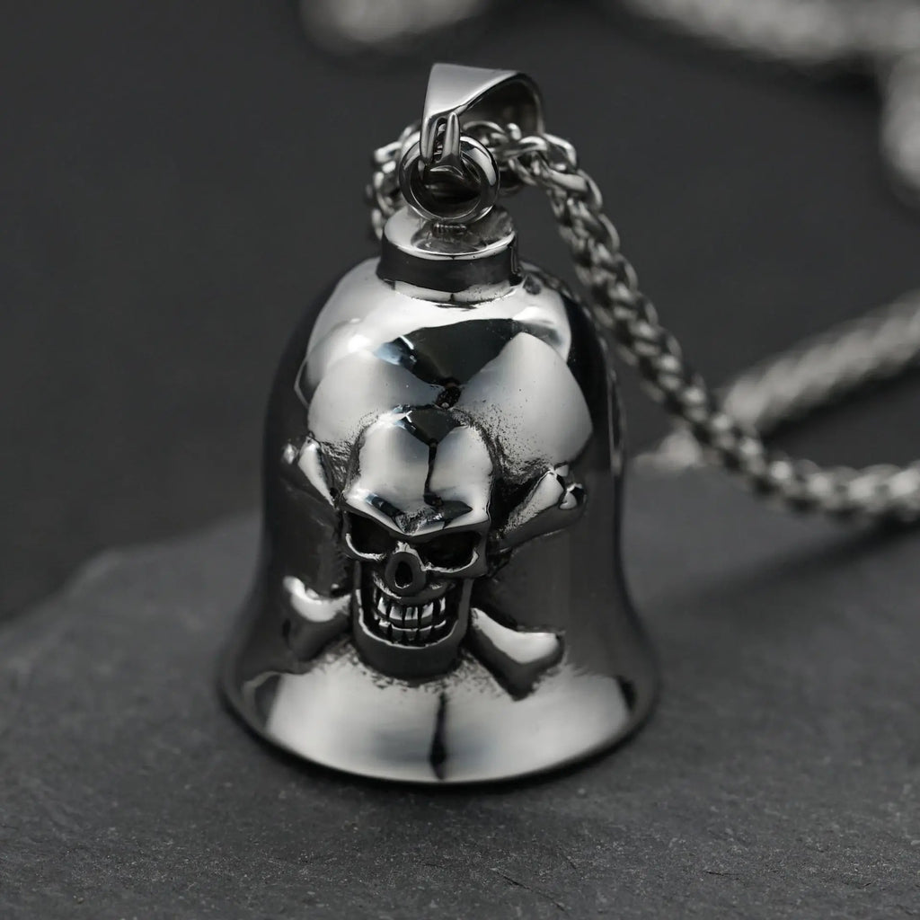 Pirate Skull Moto Bell Pendant Necklace — Gothic Motorcycle Rider