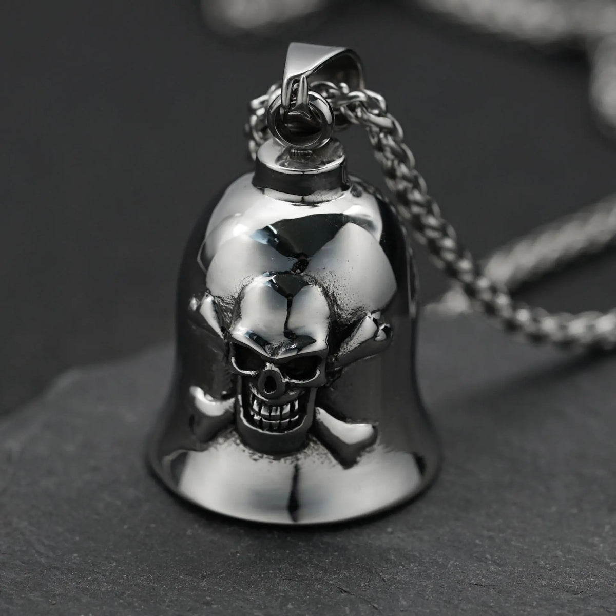 Pirate Skull Moto Bell Pendant Necklace — Gothic Motorcycle Rider